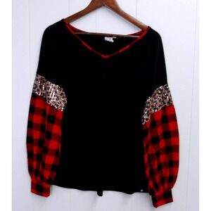 Grace‎ & Emma Women's Black Red Plaid Leopard Sleeve V-Neck Top M / #1090